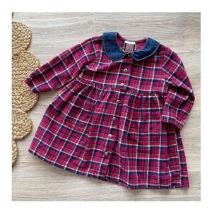 Vintage 90's Carter's Red & Blue Plaid Flannel Dress Girls 2T with Denim Collar